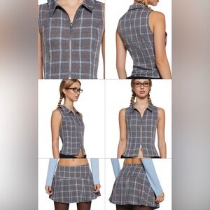 Motel Plaid 2pc Sleeveless Zip-Up Top small and pleated skirt medium